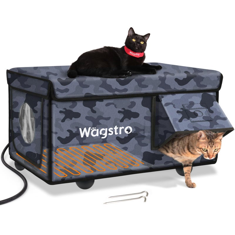 Wagstro Heated Cat House for Outside, Waterproof Awning & Escape Door Heated Cat Houses for Indoor/Outdoor Cats in Winter, Elevated & Insulated Outdoor Cat Shelter for Feral Cat(Black Camo, 25"x16"x12") - Image 1