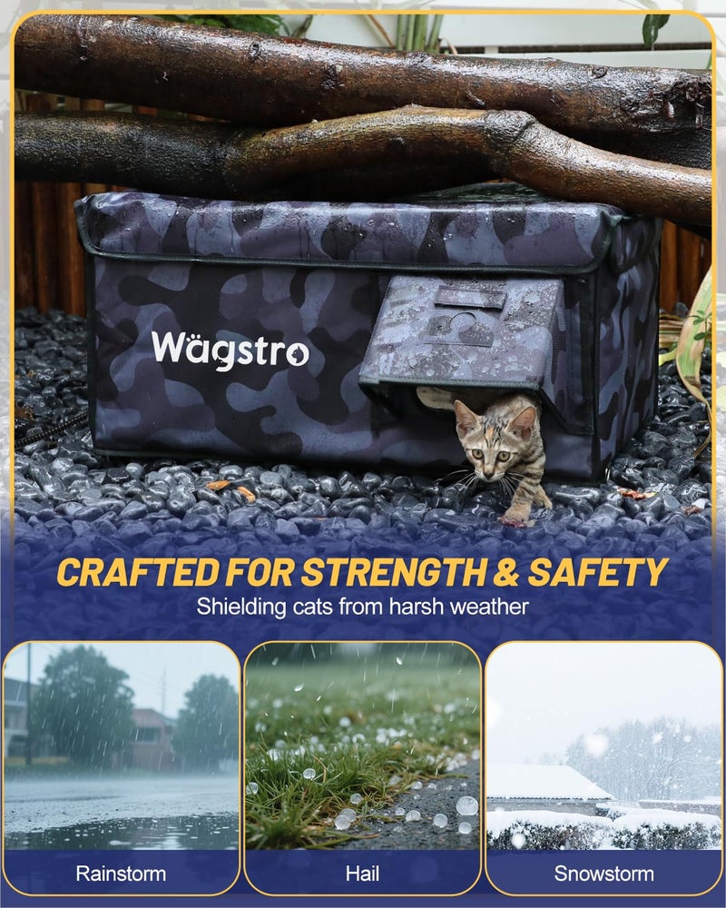 Wagstro Heated Cat House for Outside, Waterproof Awning & Escape Door Heated Cat Houses for Indoor/Outdoor Cats in Winter, Elevated & Insulated Outdoor Cat Shelter for Feral Cat(Black Camo, 25"x16"x12") - Image 3