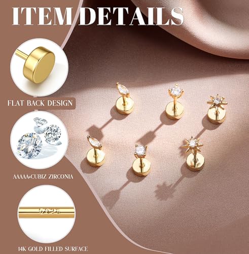 GEMQUEEN Hypoallergenic Flat Back Earrings for Women White Gold Plated Solid 925 Sterling Silver Post Stud Cartilage Helix Conch Tragus Piercing Jewelry 3 Pairs Tiny Screw Dainty CZ Opal Earring Set Round - Image 2