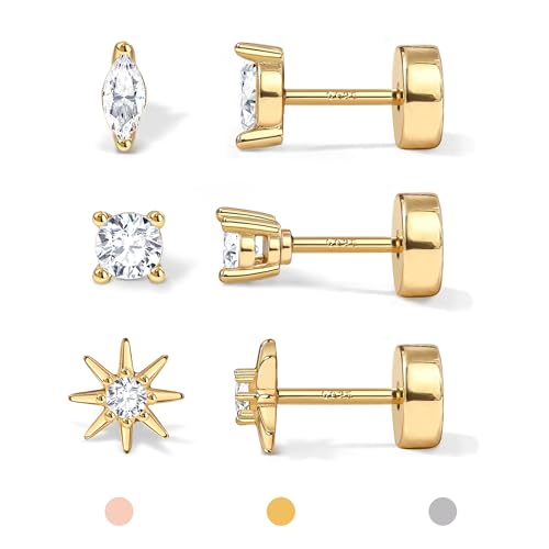 GEMQUEEN Hypoallergenic Flat Back Earrings for Women White Gold Plated Solid 925 Sterling Silver Post Stud Cartilage Helix Conch Tragus Piercing Jewelry 3 Pairs Tiny Screw Dainty CZ Opal Earring Set Round - Image 1
