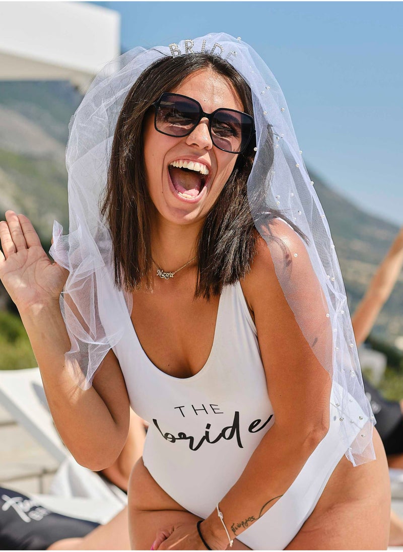 Ginger Ray The Bride Headband with Veil, Silver with Pearls - Image 2