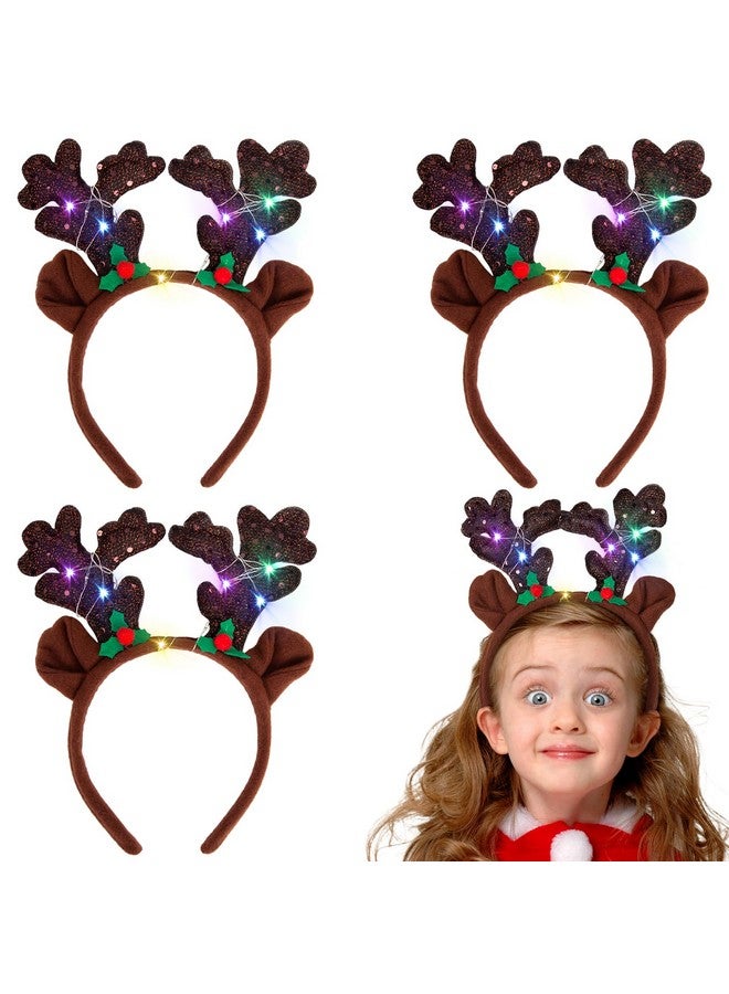3 اوترس 3 قطع من عصابات رأس الرنة المضيئة، عصابة رأس الرنة الكريسماسية مع حلقات شعر قرن الغزال المضيئة بالترتر اللامع للأطفال والنساء لحفلات الكريسماس - Image 1