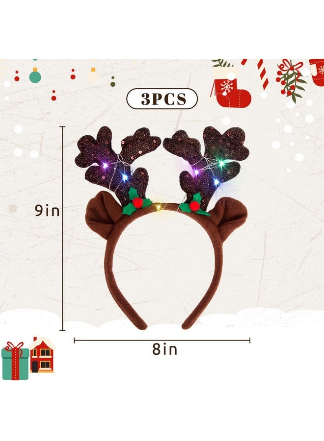 3 اوترس 3 قطع من عصابات رأس الرنة المضيئة، عصابة رأس الرنة الكريسماسية مع حلقات شعر قرن الغزال المضيئة بالترتر اللامع للأطفال والنساء لحفلات الكريسماس - Image 2
