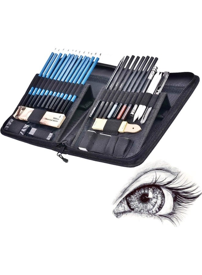 Premify 40pcs Sketch Pencil Kit, Professional Sketch Pencils Set, Sketching Drawing Kit Including Graphite Charcoal Willow Sticks Erasers Sharpeners Pop-Up Stand with Carry Bag, Art Supplies Students - Image 1