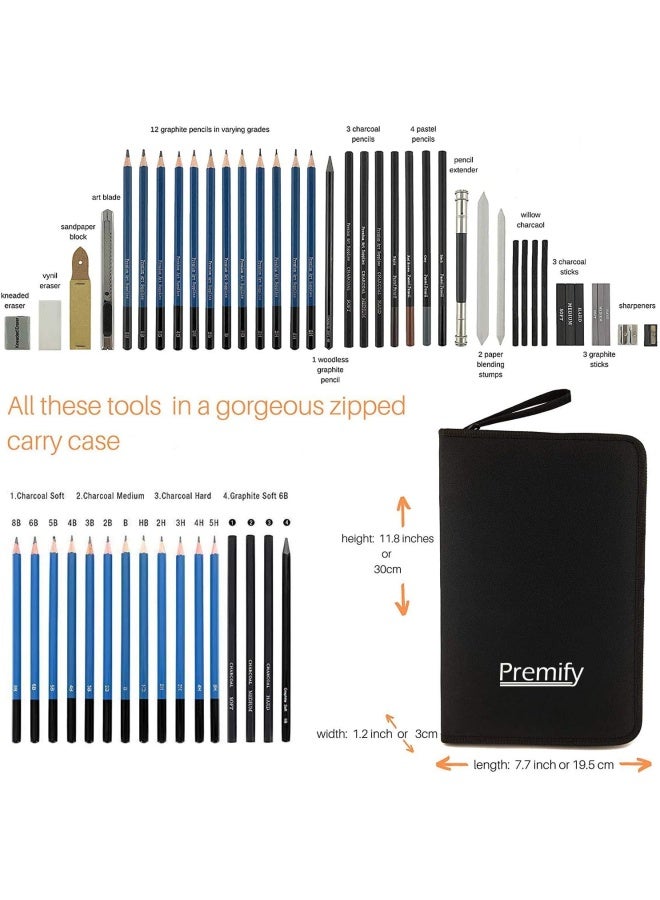 Premify 40pcs Sketch Pencil Kit, Professional Sketch Pencils Set, Sketching Drawing Kit Including Graphite Charcoal Willow Sticks Erasers Sharpeners Pop-Up Stand with Carry Bag, Art Supplies Students - Image 2