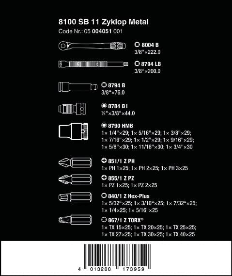 WERA 05004051001 8100 SB 11 Zyklop Imperial Metal Ratchet Set 29 Piece 38 Drive - Image 3