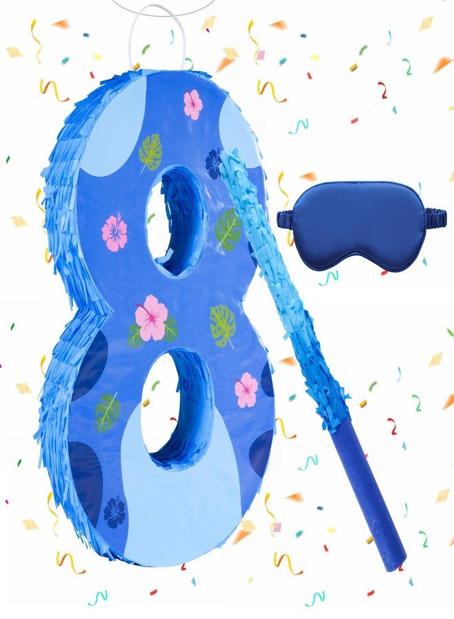 Sodolike 16 Inch Blue Pinata Set with Hawaii Pattern Number 8 Piñata, Blindfold and Stick for Boys Girls 8th Birthday Party Decorations (8-Hawaii Pattern Piñata) - Image 1