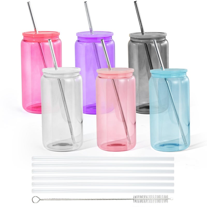 CHLJAR 16oz Plastic Mason Jars, 6Pack Clear Mason Drinking Acrylic Cups with Lids and Stainless Steel Straws Iced Coffee Cups Shatterproof Unbreakable Tumblers for Smoothies, Beer, Coffee, Milk Tea, Colored - Image 1