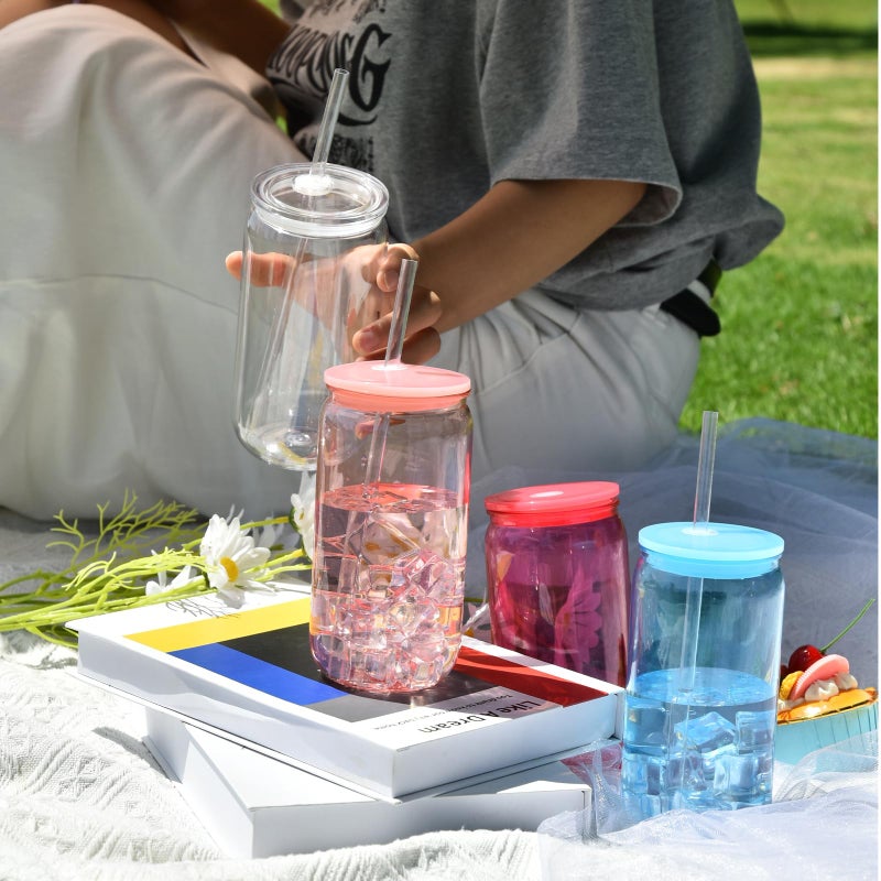CHLJAR 16oz Plastic Mason Jars, 6Pack Clear Mason Drinking Acrylic Cups with Lids and Stainless Steel Straws Iced Coffee Cups Shatterproof Unbreakable Tumblers for Smoothies, Beer, Coffee, Milk Tea, Colored - Image 5