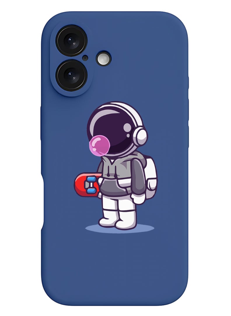 Protective Slim Fit Case Liquid Silicone Cover with Full Body Protection Anti-Scratch Shockproof Case For iPhone 16 Plus Blue - Astronaut holding skateboard