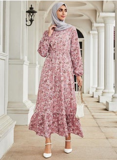 Generic Long Sleeve Round Neck Floral Print Maxi Dress Pink  - Image 1