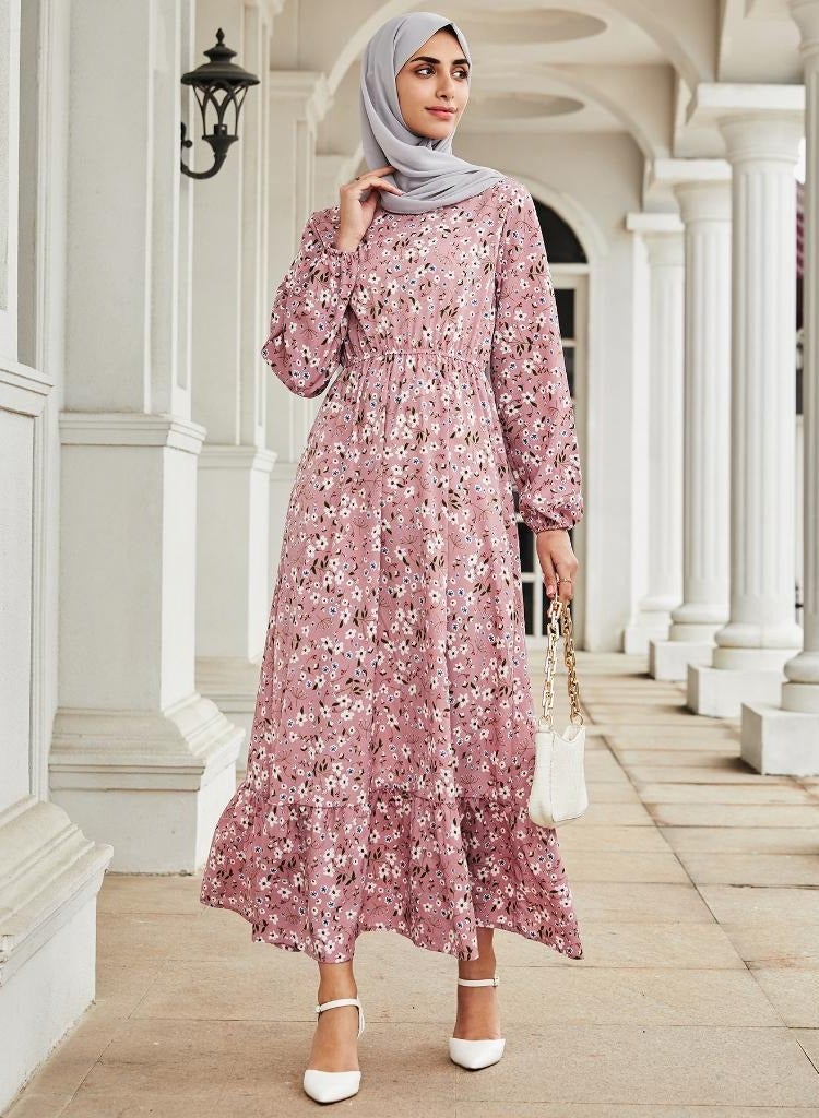 Long Sleeve Round Neck Floral Print Maxi Dress Pink - Image 1