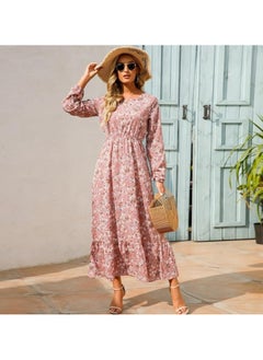 Generic Long Sleeve Round Neck Floral Print Maxi Dress Pink  - Image 2