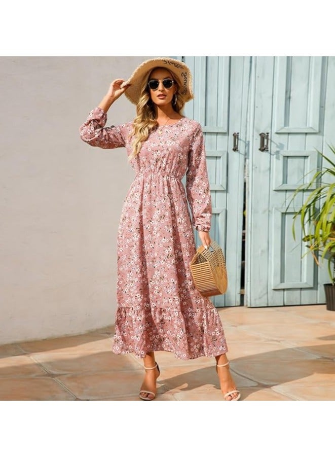 Long Sleeve Round Neck Floral Print Maxi Dress Pink - Image 2