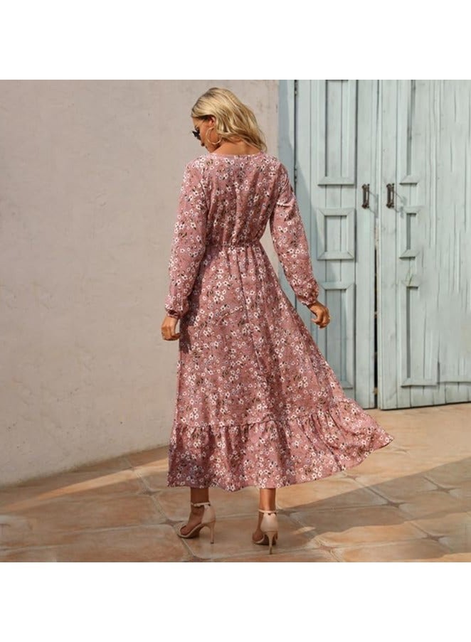 Long Sleeve Round Neck Floral Print Maxi Dress Pink - Image 3