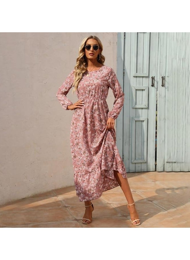 Long Sleeve Round Neck Floral Print Maxi Dress Pink - Image 4