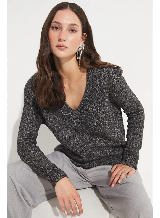 جون June Women Cotton Blend Wide Fit V-Neck Knitwear Sweater Anthracite