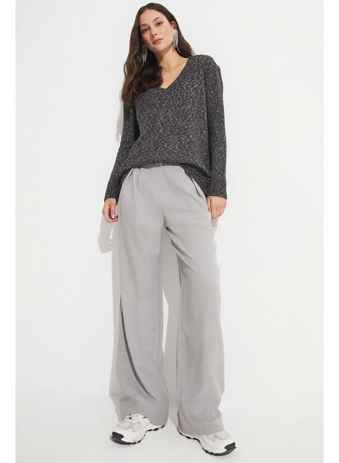 جون June Women Cotton Blend Wide Fit V-Neck Knitwear Sweater Anthracite