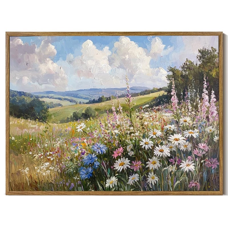 Prabahdak Framed Canvas Wall Art Prints Wildflower Oil Painting Aesthetic Room Decor Nature Rural Wilderness Landscape Poster Pictures Prints for Bathroom, Bedroom LivingRoom 8Ã—10inch - Image 1