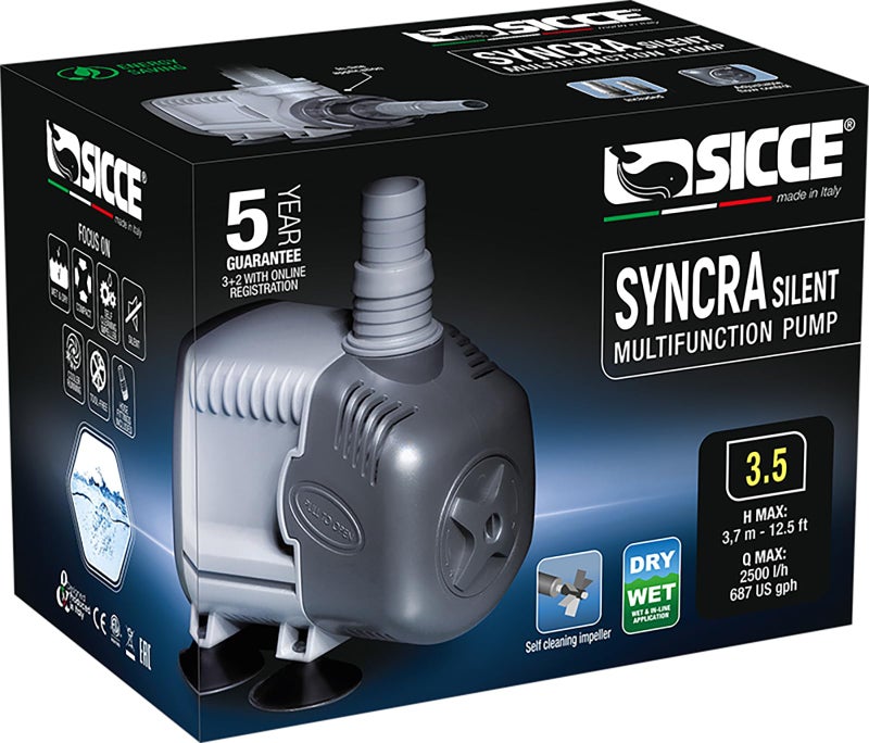 SICCE Syncra Silent 35 Multifunction 687 GPH Submersible Water Pump Italian Made 68W Ultra Quiet Durable Aquarium Fish Tank Fountain Pond Hydroponics Terrarium Black Freshwater Saltwater