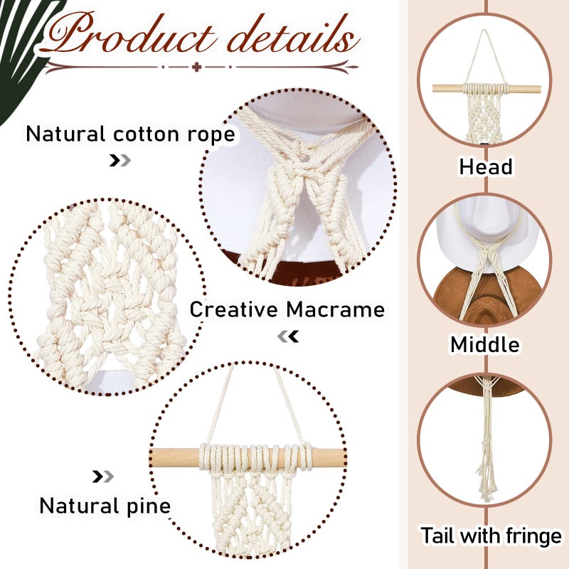 Yulejo Macrame Hat Hangers Boho Hat Rack Cowboy Hat Hanger Back of Door Hat Organizer (White,Five Hats Style) - Image 3