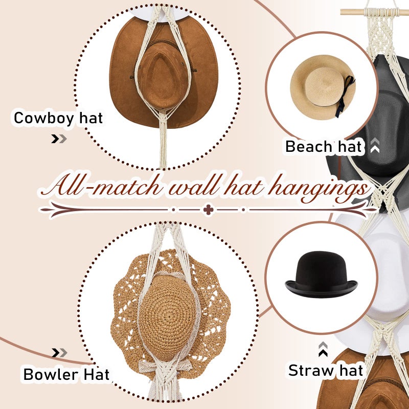 Yulejo Macrame Hat Hangers Boho Hat Rack Cowboy Hat Hanger Back of Door Hat Organizer (White,Five Hats Style) - Image 4