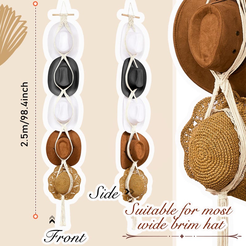 Yulejo Macrame Hat Hangers Boho Hat Rack Cowboy Hat Hanger Back of Door Hat Organizer (White,Five Hats Style) - Image 2