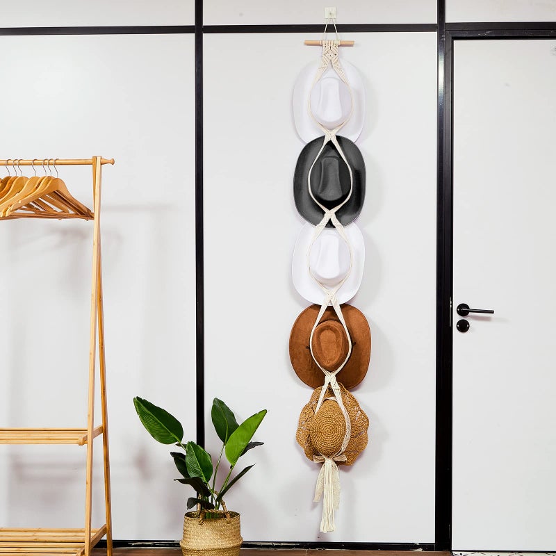 Yulejo Macrame Hat Hangers Boho Hat Rack Cowboy Hat Hanger Back of Door Hat Organizer (White,Five Hats Style) - Image 5