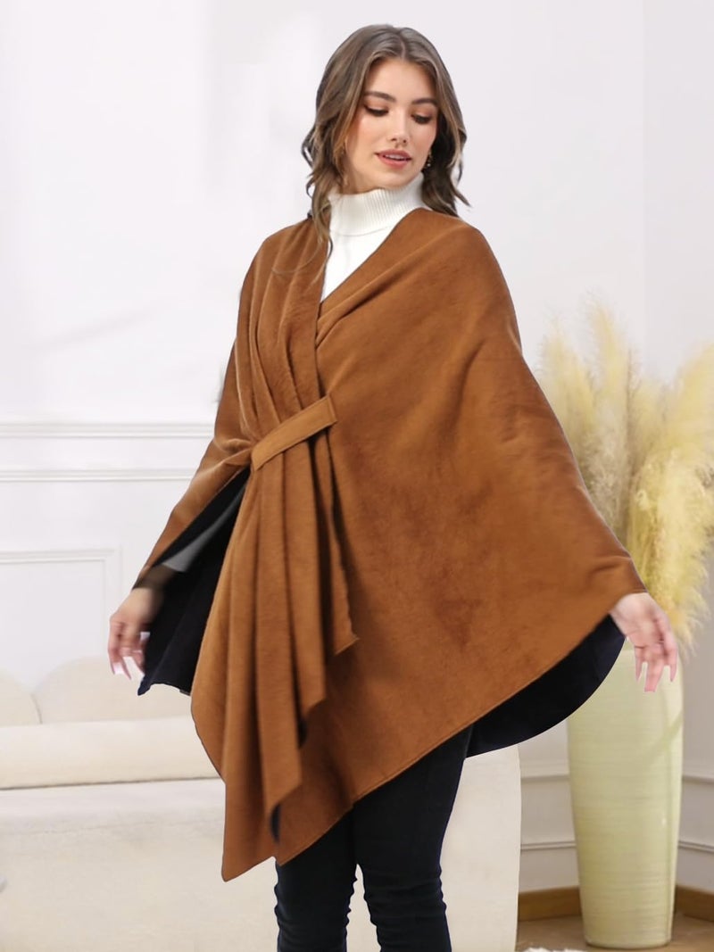 Moss Rose Women's Shawl Wrap Poncho Ruana Cape Open Front Cardigan with Belt for Fall Winter - Image 3