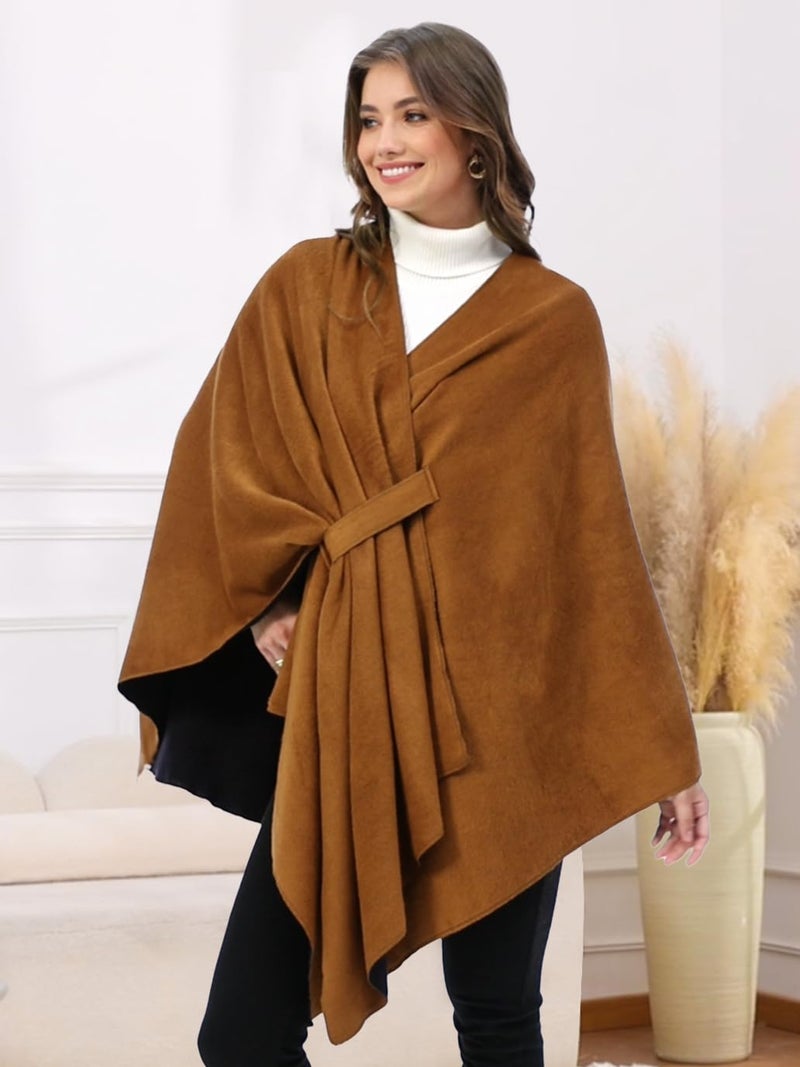 Moss Rose Women's Shawl Wrap Poncho Ruana Cape Open Front Cardigan with Belt for Fall Winter - Image 2