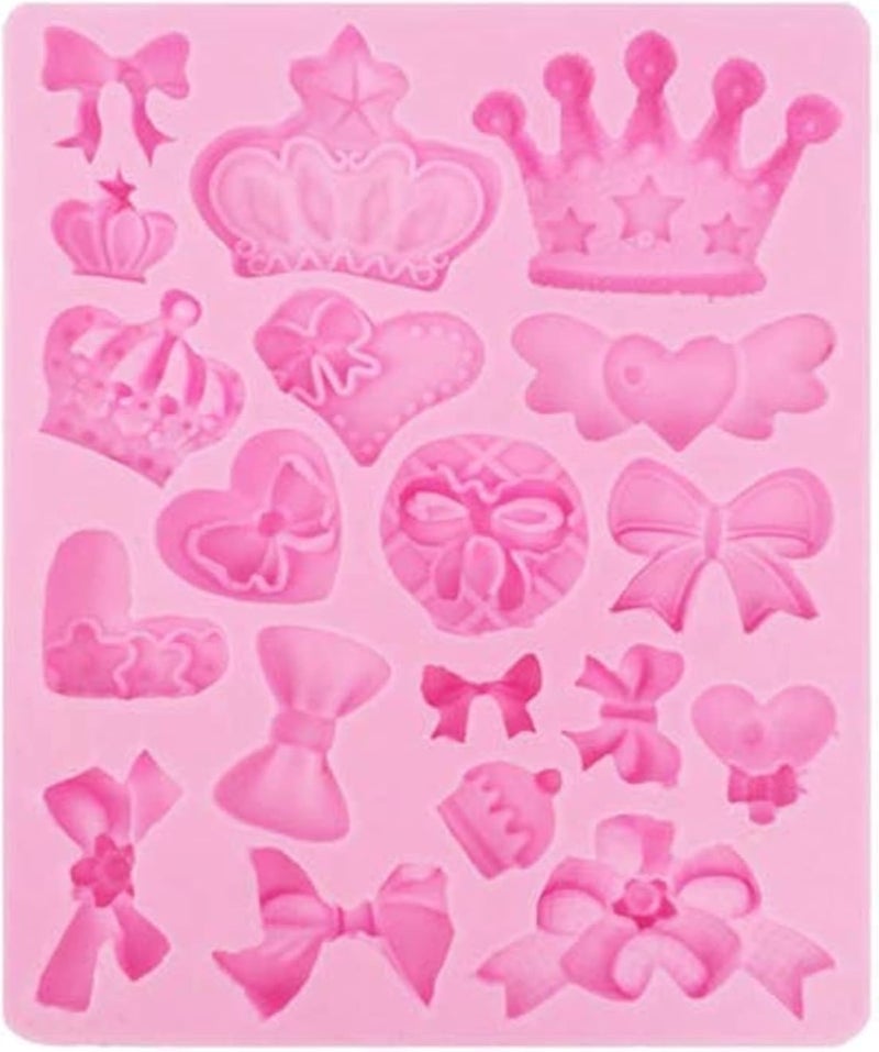 قالب سيليكون متنوع على شكل فيونكات وتاج وقلب لتزيين الكيك، مناسب لأعمال السكر، والفوندان، والراتنج، والطين البوليمري، ومشاريع الحرف اليدوية.
