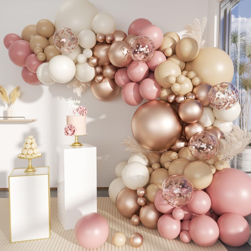 MEBAY Boho Balloon Garland Arch Kit, 156Pcs Dusty Pink Pastel Brown Metallic Champagne Gold White Balloons for Wedding Baby Bridal Shower Engagement Anniversary Birthday Decorations - Image 1