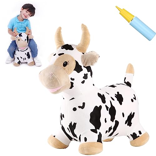 INPANY Bouncy Cow Farm Animal Hopper Toys Toddler Plush Bouncing Inflatable Bouncer Ride on Hopping Horse Indoor Outdoor Cowboy Rodeo Birthday Party Decorations Gifts for 2 3 4 Year Old Girls Boys - Image 1