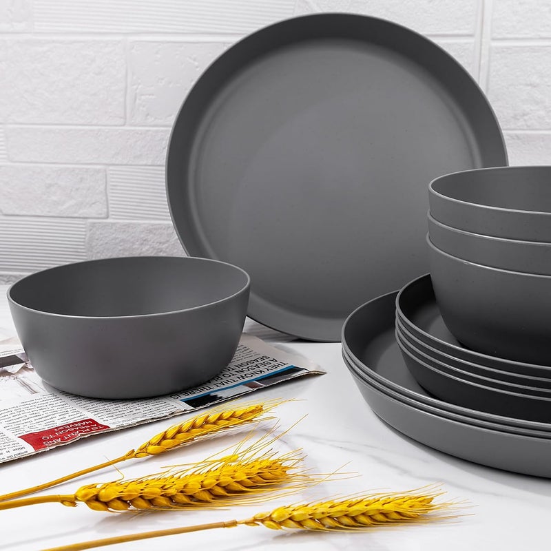 ejonirinjonir EI 12pcs Wheat Straw Dinnerware Set of 4,Kitchen Plates and Bowls,Reuasble Plates,Unbreakable Dinner Plates,Hard Premium Plastic Plates,Party Plastic Plates Set for Camping,Picninc,Halloween - Image 5