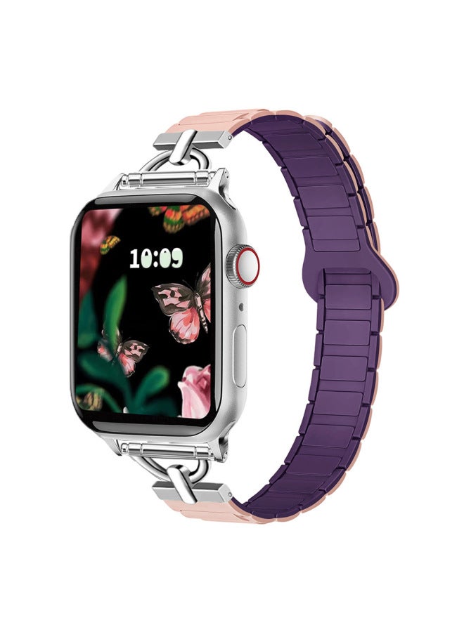 Suitable For Apple Watch For ApplewatchS10 Magnetic Two-color Small Waist Silicone Strap Girls 2025 New-Color:38/40/41/s10(42) Pink Sand With Plums  - Image 1