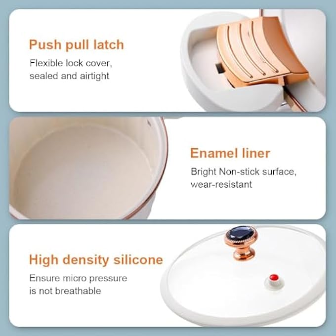 NALACAL طنجرة ضغط صغيرة غير لاصقة من المينا بسعة كبيرة 8 لتر مع قفل سحب ومكواة ناعمة باللون الأبيض - Image 5