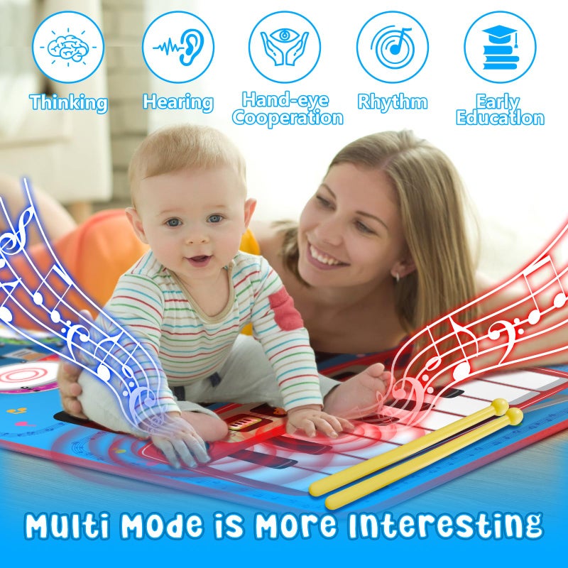 Oripira 2-in-1 Musical Mat Toys for 1 2 3 4 5 Year Old, Piano Keyboard & Drum Set with 2 Drum Sticks, Early Educational Musical Learning Toys Birthday for 1 2 3 4 5 Year Old Boys & Girls, Blue - Image 3