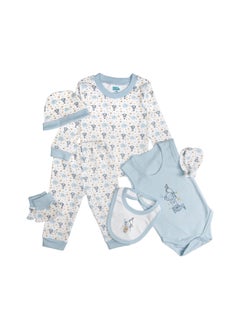 Babies Basic 7 Piece Unisex 100% Cotton Set Include Bib, Socks, Mitten, Cap, Romper, Top And Bottom Set, Blue  - Image 2
