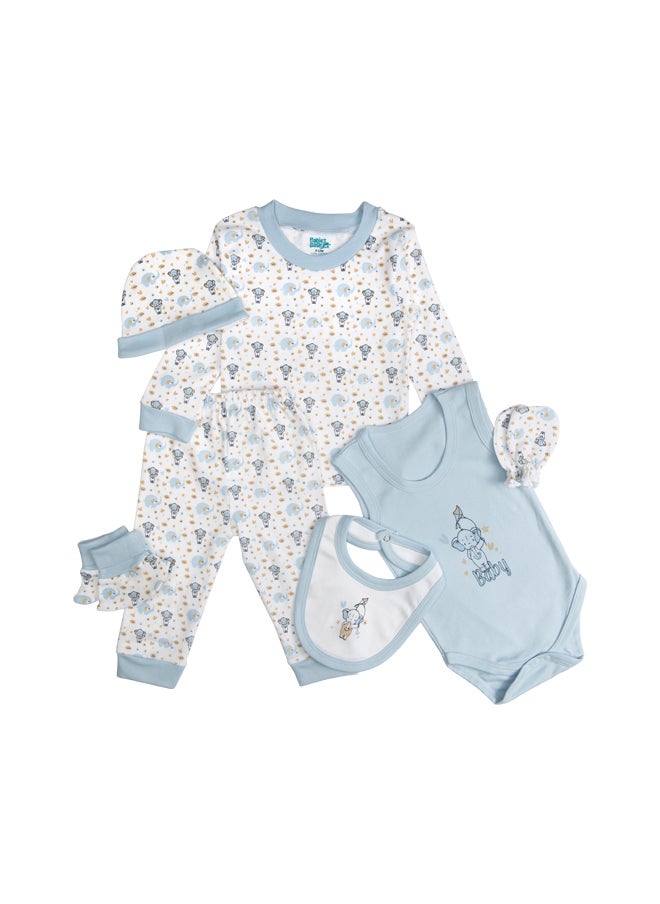 Babies Basic - 7 Piece Unisex 100% Cotton Set Include Bib, Socks, Mitten, Cap, Romper, Top And Bottom Set, Blue - Image 1