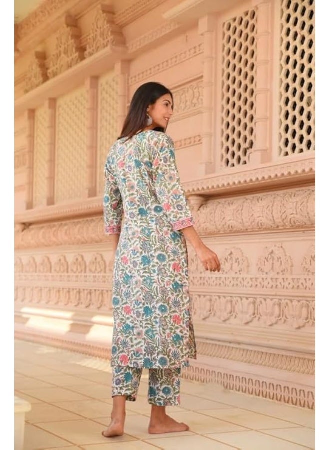Yashika Women Viscose Rayon Floral Printed Stitched Kurta with Pant | White Color Kurta Set | Kurta with Pant Set for Woman | Printed Kurta Set|Off White|L - Image 4