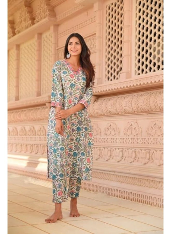 Yashika Women Viscose Rayon Floral Printed Stitched Kurta with Pant | White Color Kurta Set | Kurta with Pant Set for Woman | Printed Kurta Set|Off White|L - Image 3