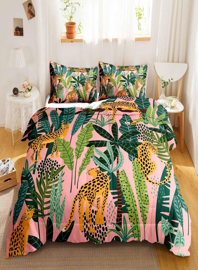 LUVIVIHOME 2PCS Cute Leopard Comforter Set Twin Size, Tropical Jungle Bedding Sets Pink Quilt, African Safari Wild Animal Cheetah Cartoon Kids Bedroom Decor for Girls Women, 1 Pillow Sham - Image 1