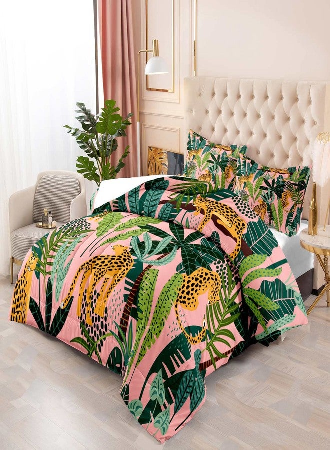 LUVIVIHOME 2PCS Cute Leopard Comforter Set Twin Size, Tropical Jungle Bedding Sets Pink Quilt, African Safari Wild Animal Cheetah Cartoon Kids Bedroom Decor for Girls Women, 1 Pillow Sham - Image 3