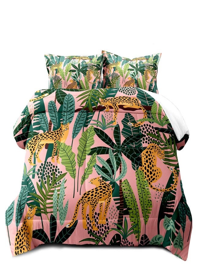 LUVIVIHOME 2PCS Cute Leopard Comforter Set Twin Size, Tropical Jungle Bedding Sets Pink Quilt, African Safari Wild Animal Cheetah Cartoon Kids Bedroom Decor for Girls Women, 1 Pillow Sham - Image 2