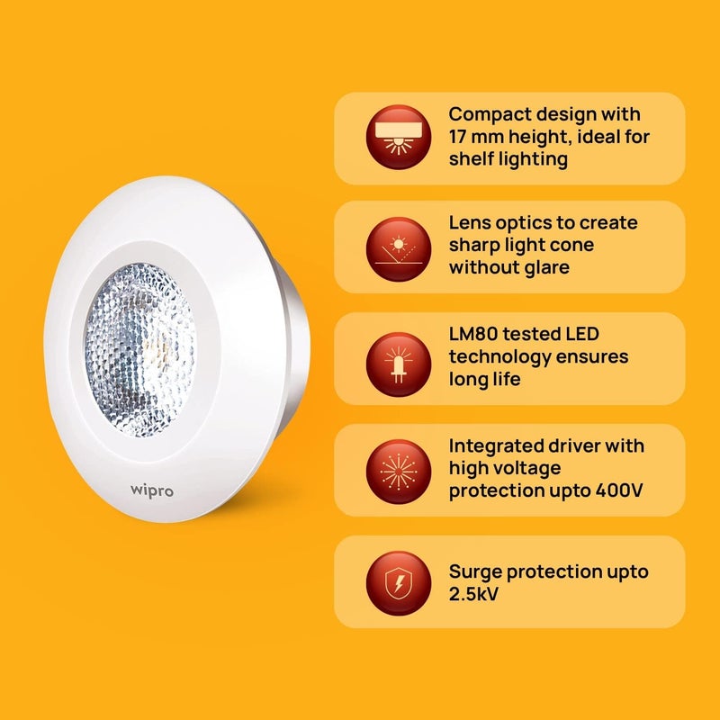WIPRO wipro Garnet 2W LED Integrated Spotlight Cool Day White 6500K Compact Design for Cabinets Wardrobes Pack of 1  - Image 3