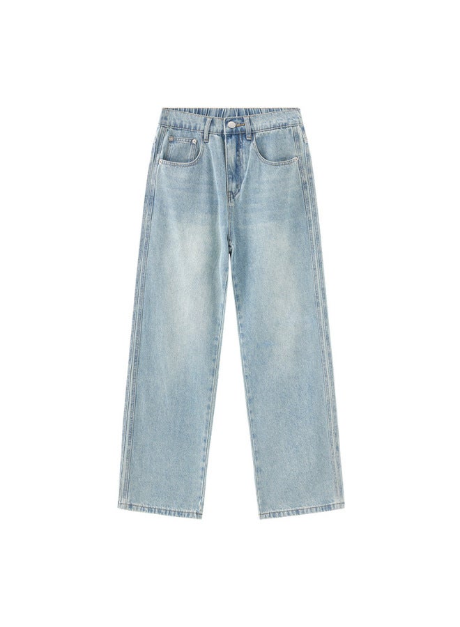 Men's American Street Slightly Tapered Fit Jeans, Loose Straight Leg, Washed, Half Elastic Waist Long Pants