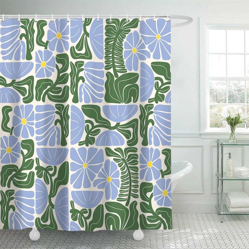 DeeCabin Boho Abstract Colorful Floral Shower Curtain, Vintage Retro Patchwork Blue Green Flower Botanical Geometric Aesthetic Groovy Bathroom Decor Shower Curtain Set with 12 Hooks, 70X70IN - Image 1