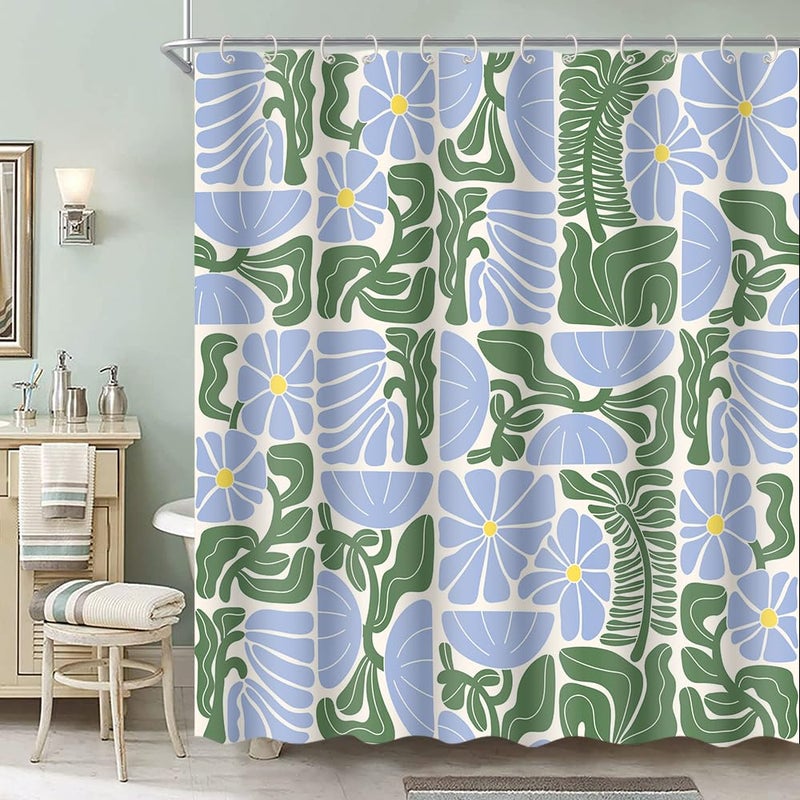DeeCabin Boho Abstract Colorful Floral Shower Curtain, Vintage Retro Patchwork Blue Green Flower Botanical Geometric Aesthetic Groovy Bathroom Decor Shower Curtain Set with 12 Hooks, 70X70IN - Image 2
