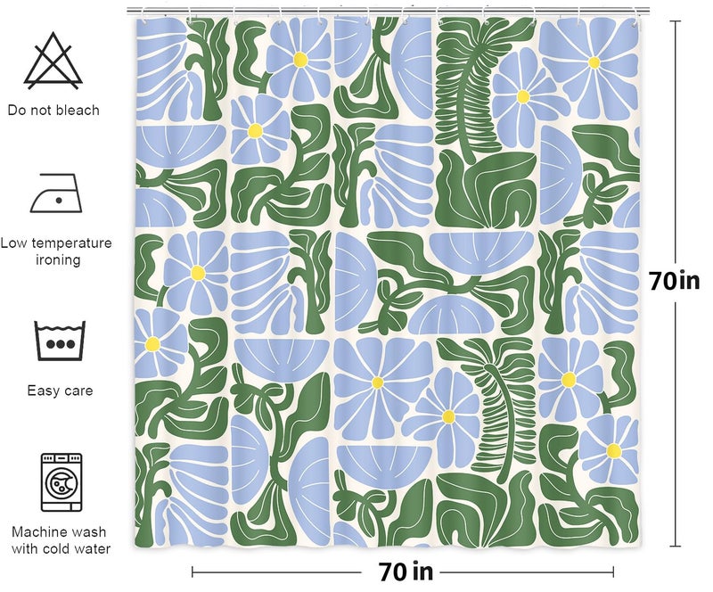 DeeCabin Boho Abstract Colorful Floral Shower Curtain, Vintage Retro Patchwork Blue Green Flower Botanical Geometric Aesthetic Groovy Bathroom Decor Shower Curtain Set with 12 Hooks, 70X70IN - Image 5