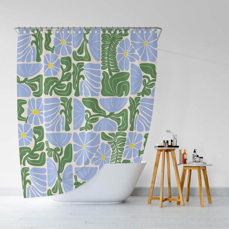 DeeCabin Boho Abstract Colorful Floral Shower Curtain, Vintage Retro Patchwork Blue Green Flower Botanical Geometric Aesthetic Groovy Bathroom Decor Shower Curtain Set with 12 Hooks, 70X70IN - Image 4